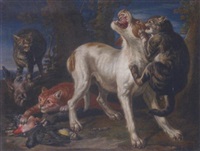 Jan fyt cats attacking a dog in a landscape